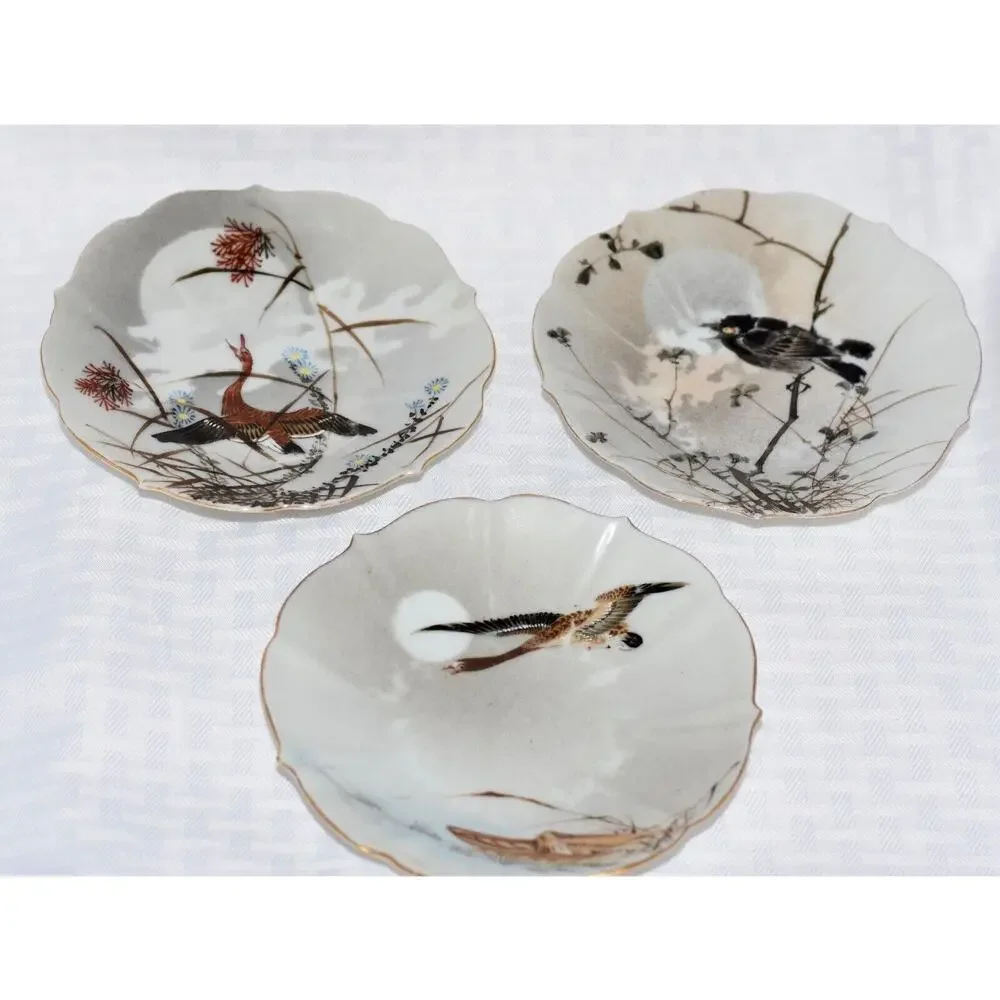 3 - Kutani Japanese Birds Egg Shell Scalloped Porcelain Dessert Plates